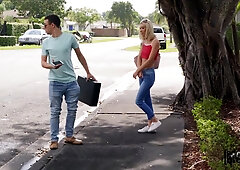 Glamorous blonde Sky Pierce shows tits in public place and gets fucked indoor