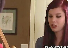 Redhead shemale fingers MILF pussy before cumming on tits