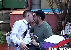 Geeky twink has his dick sucked before pounding mature gay