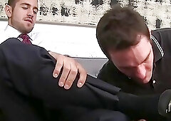 Buck pleasures his pipe while having his feet licked