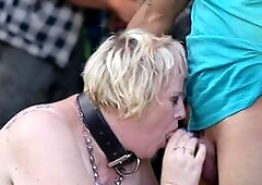 Kinky mature giantess Diana loves pet play in stockings with 2 strangers in public