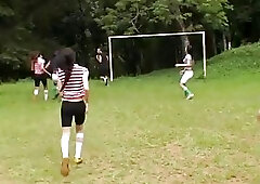 Hung shemales drill their hairy soccer coach after practice outdoors