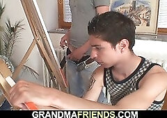 Old redhead granny and boys teen threesome