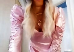 jess silk riding sex-toy in lengthy sleeve pink satin suit and shiny purple jacket with golden-haired wig