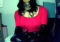 Forever Smiles Pt1! Masked in a masked female mask a very glad beauty puts on her leather gloves!