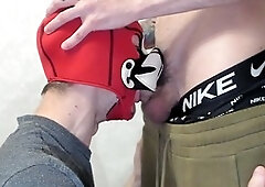 Young guy gives deep-throat blowjob to his friend's huge cock and gets a face full of cum