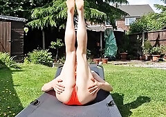 Widening my legs so each neighbor can watch me.