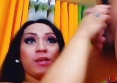 Shemale gives a sloppy blowjob to her man on webcams