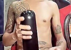 Pinoy Horny Inked Twink Playing with His Masturbator Toy
