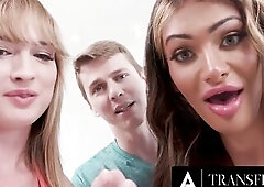 TRANSFIXED - 2 Sexy Trans Entice Dude With Porn Leading To Hard Trans Double Anal