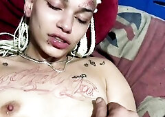 Play with her cunt Stroke and cum on her