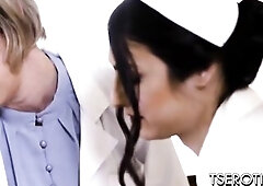 Ella Hollywood visits Dr Dee Williams and wishes a checkup but ends up having sex with the doc and her pretty trans assisstant Khloe Kay.