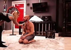 Blonde goddess in lingerie punishes and humiliates her slave