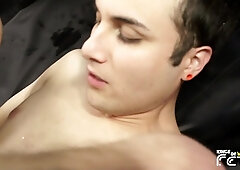 Brunette guy gets his shaved ass pounded rough in bareback style