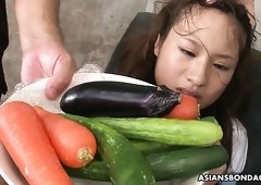 Hard tied Japanese whore Rika Kawamura gets masturbated with vegetables