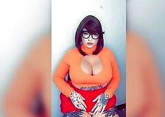 Large titty Velma banging herself with massive sex toy untill that babe squirts everywhere
