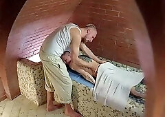 The masseur got aroused by the client. Juicy, hard sex in the bathhouse