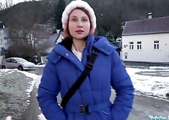 That babe nervously takes off her clothing in front of a stranger in POV - Public Agent