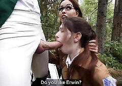 Attack on titan. Sloppy 3some fellatio for commander in the forest