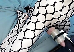 femboy in body stocking auto jerks with clear fleshlight - hip thrusting end to close up oozing jizz flow