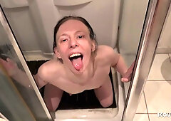 German housewife in vintage kitchen submits to creampie and golden shower