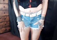 Cute little distressed and frayed short shorts. Jean. I share my appealing butt and curves. A smidge of cameltoe, stomach show, and titles popped with