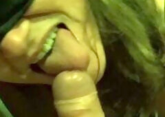 Horny and blindfolded MILF gives intense Blowjob in the Bathroom