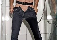 Caged anal play, anal butt plug slave, wet jeans sex