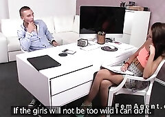 Czech brunette hair female agent has casting interview with youthful muscled hunk model then helps him get hard rubs his dong with twat previous to sc