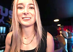 Skinny blonde chick Thea Summers gets fucked in a sport bar
