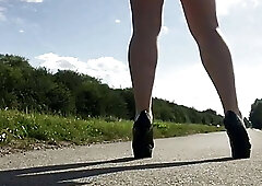 Crossdressing and undressing outdoors heels tiny cock