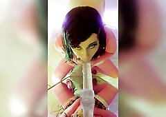 Trans angel wearing pink bangs herself with multiple toys and blows a load - Snowycd