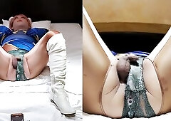 Ebony Sex-toy is inserted into my butthole and securing it with my pants. Female mask crossdressing cosplayer. Chun-Li dress!