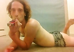 Alluring Transgirl Vaping Playing with Own Feet