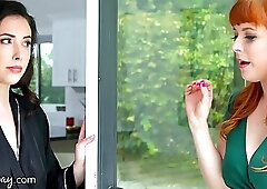 Redhead MILF tastes sweet cheating neighbor girl in backyard hot tub lesbian tryst