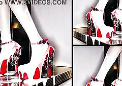 High-Heels Fetish, a lot of cum on leg, feet and heels, public in a nightclub bar, standing on a counter, shoes full of goo