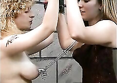 2 cute basement s&m lesbian babes make out and get roped up by slaver Len