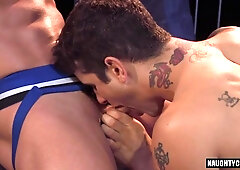 Tattooed jock joins in on the cumshot frenzy with his girlfriend and friend