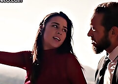 Passionate babe in a stylish red dress and heels fucked on the street