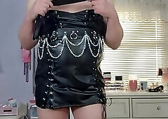 Leather,Satin and fur on the outside,no panties and butt plug underneath