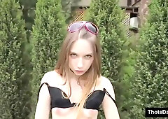 Slim Blonde Stripteases in Park and Bathroom Solo