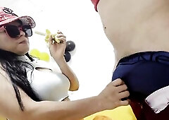 Humble scrap dealer accepts Recent Year's "GIFT" and ends up trying banana up her butt (Slow and constricted doggystyle)