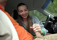 All-natural Ukrainian chick Arina Shy gets fucked inside and outside the car
