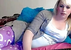 Curvy blonde shemale jerks off and cums hard two times