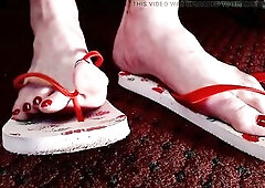 Red Toenails Flop Flops Aged Feet