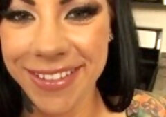 Busty brunette, Mason Moore is kneeling in the kitchen and sucking a horny plumber's rock hard cock