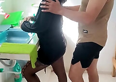 Latin female making porno at home gets stripped and commences providing head to a follower