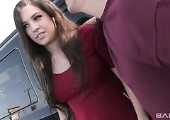 Lusty brunette hottie exposes her bum and rides strong cock on top