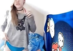 Fit blonde shemale with perky tits plays with her schlong