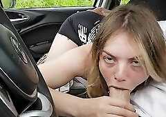 We nearly got caught: I suck his wang in the car and this guy fills my throat with cum right there on the street